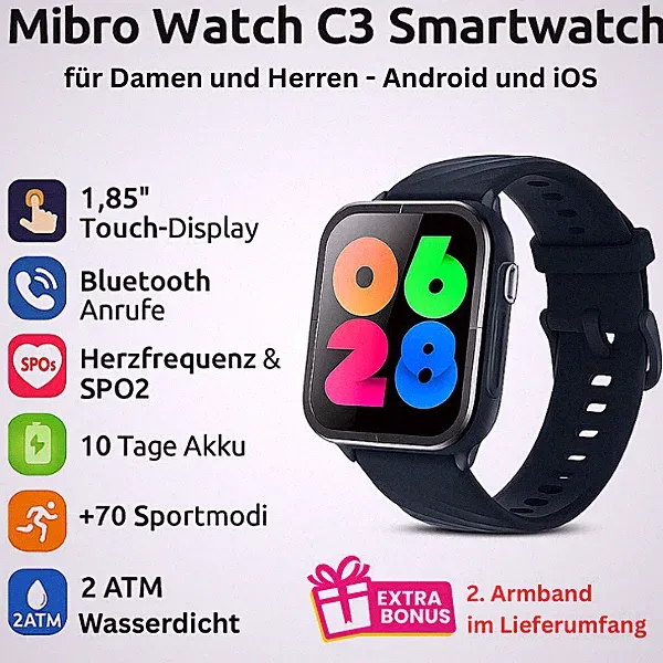 Smartwatch mit Bluetooth Telefon Funktion, wasserdicht für Android + iOS IP68 C3