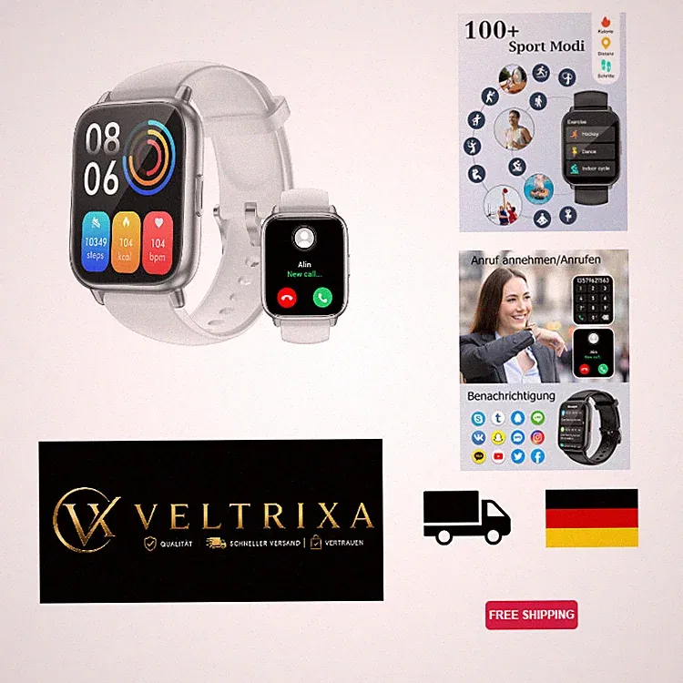 Smartwatch mit Telefonfunktion, 1,85 Zoll HD Touchscreen, Bluetooth, Schwarz
