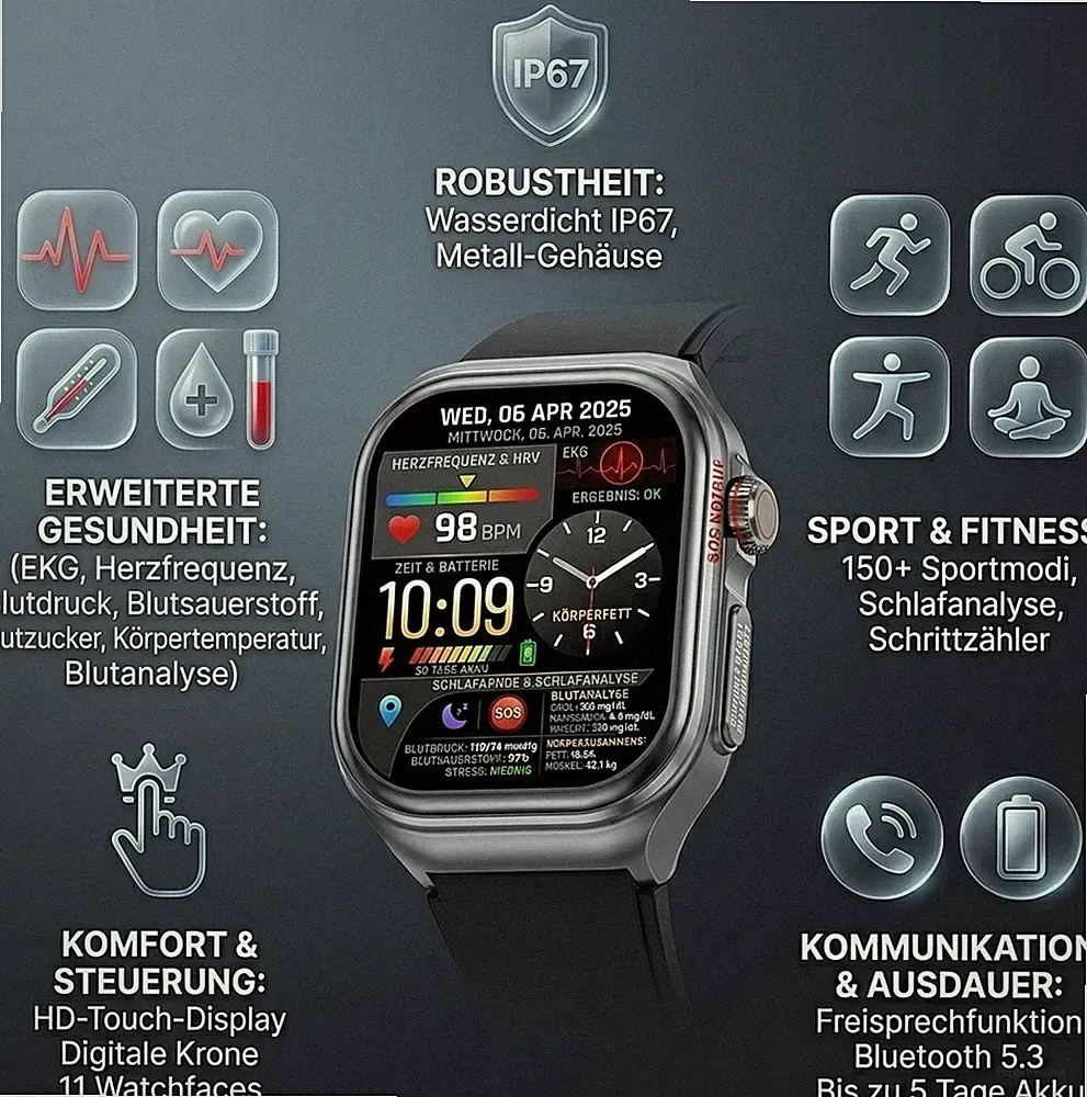 Smartwatch mit Telefoniefunktion, EKG Plus HRV und SOS Funktion, Blutdruck