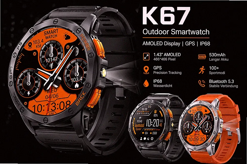 Smartwatch Outdoor GPS AMOLED IP68 Herren Damen Sport Puls Blutdruck JH-K67