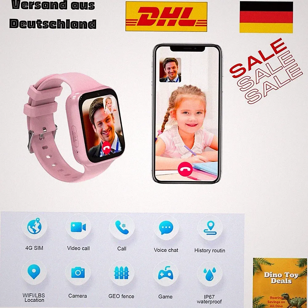 Smartwatch Rosa Kinder 4G mit LBS Standort, Kamera,SOS,Voice Chat und SIM-Karte