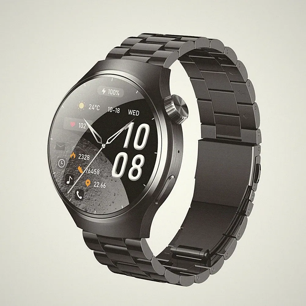 Smartwatch Rund 1,52" Gebogenes Glas Schwarz Legierung Gehäuse Silikon Armband HeartRateGPS