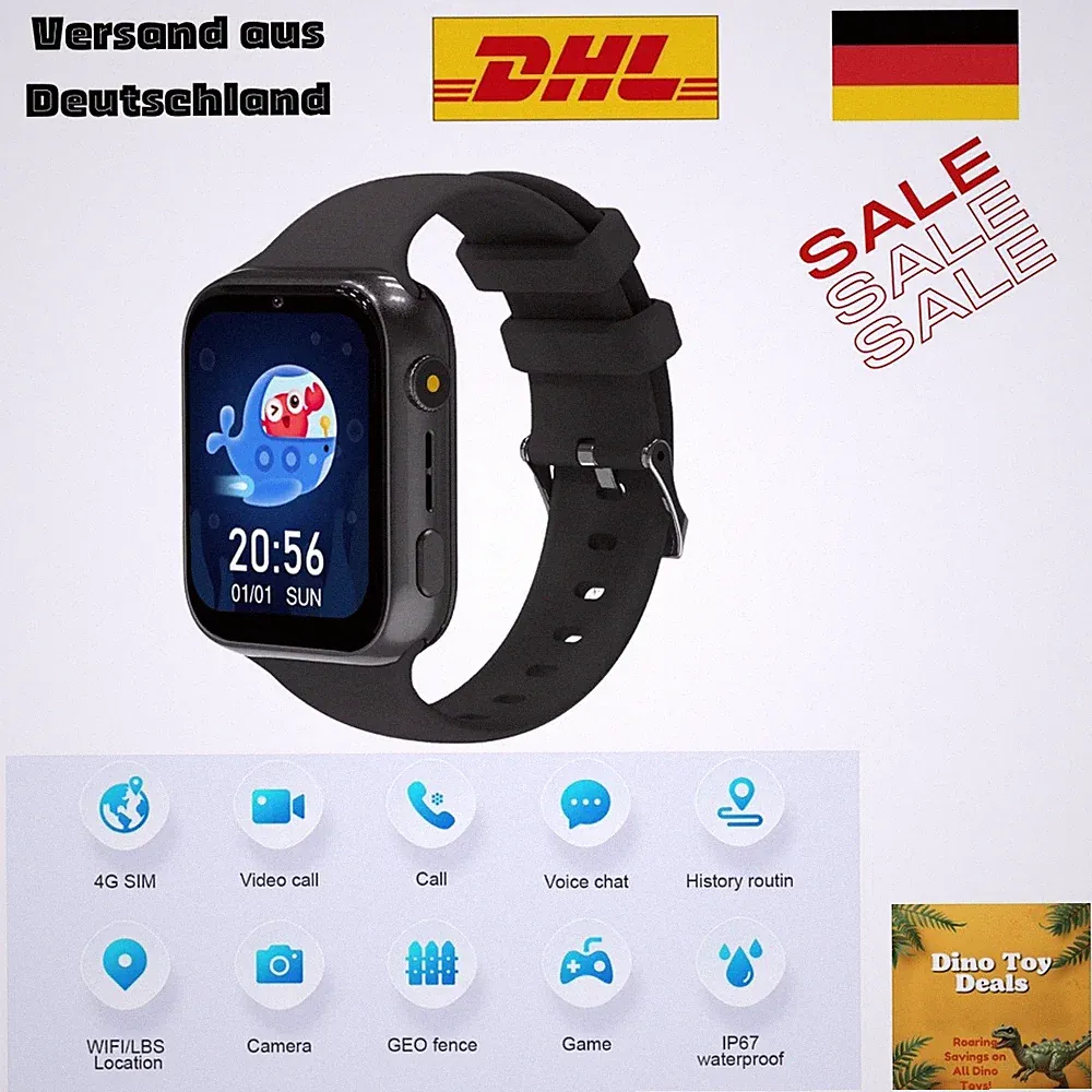 Smartwatch Schwarz Kinder 4G mit LBS Standort, Kamera,SOS,Voice Chat und SIM