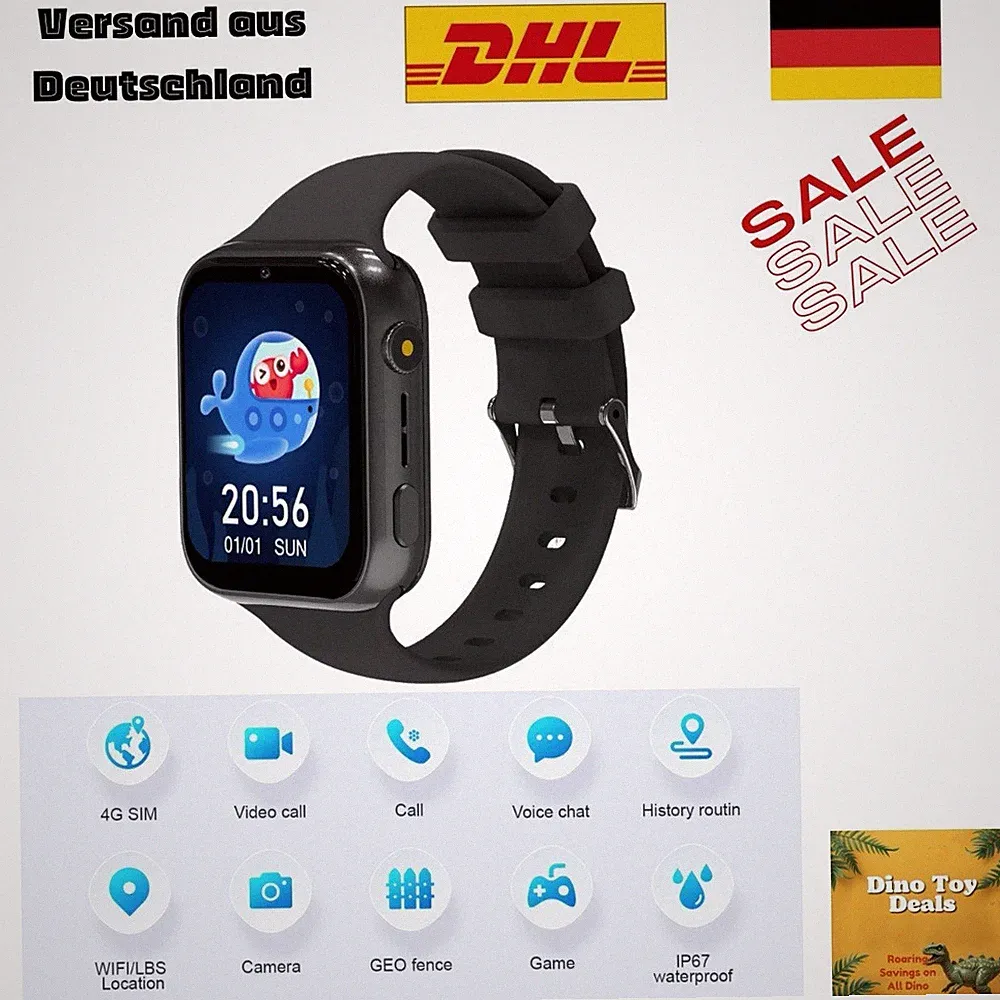 Smartwatch Schwarz Kinder 4G mit LBS Standort, Kamera,SOS,Voice Chat und SIM