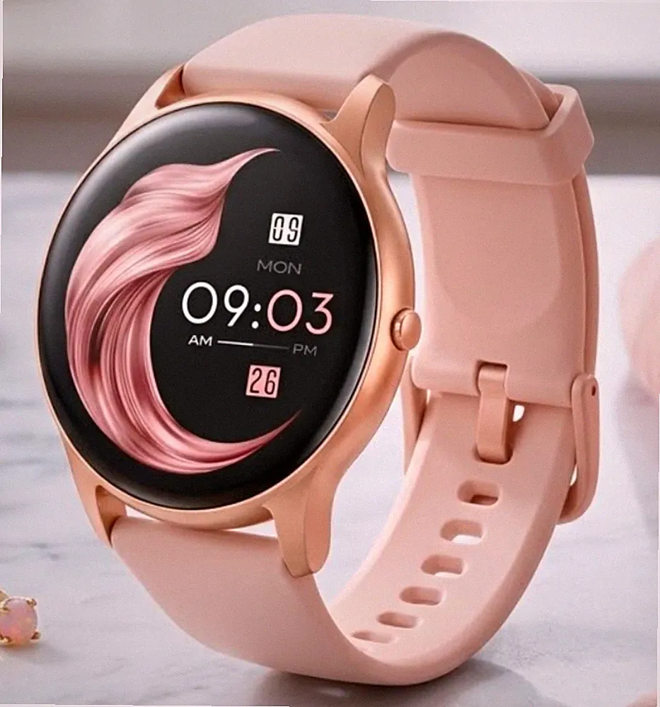 Smartwatch Smart 44 mm Smartwatch rund gold rosa Silikonarmband Android iOS