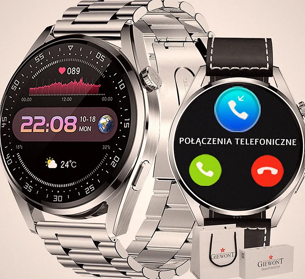 Smartwatch SmartCall Fitnessuhr Leder Silber Carbon GIEWONT Vertex GW450-5