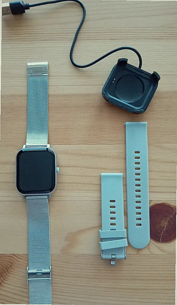 Smartwatch V10 quadratisch Touchscreen silber, Edelstahl-Mesh + weißes Armband