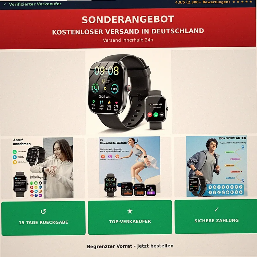 Soudorv Smartwatch Herren Damen 1.91'' HD Fitnessuhr mit Bluetooth Anrufe IP68
