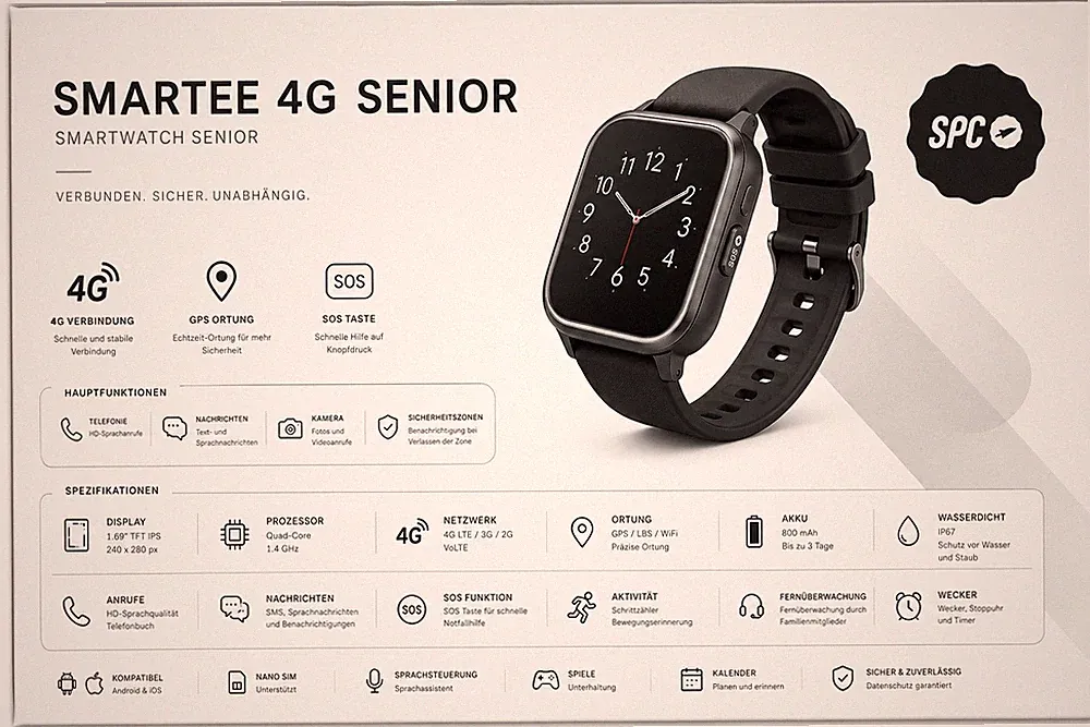 SPC Smartee 4G Senior – Smartwatch für Senioren mit großem Display, SOS-Taste