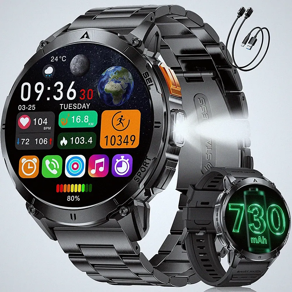 SUNKTA Smartwatch 730mAh Militär 1,7" HD, BluetoothAnruf, Fitness, 2 Bänder