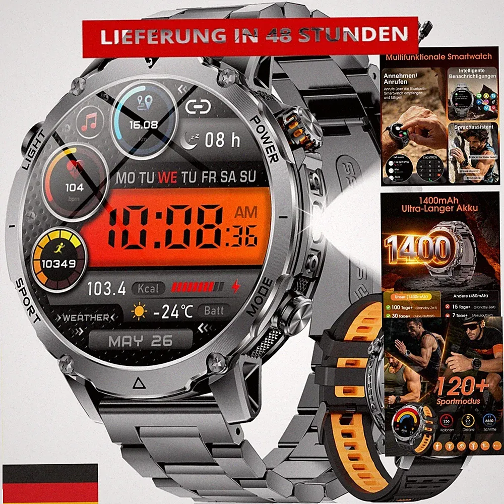 SUNKTA Smartwatch Herren 1,7" HD Bluetooth 20 Tage Akkulaufzeit Grau