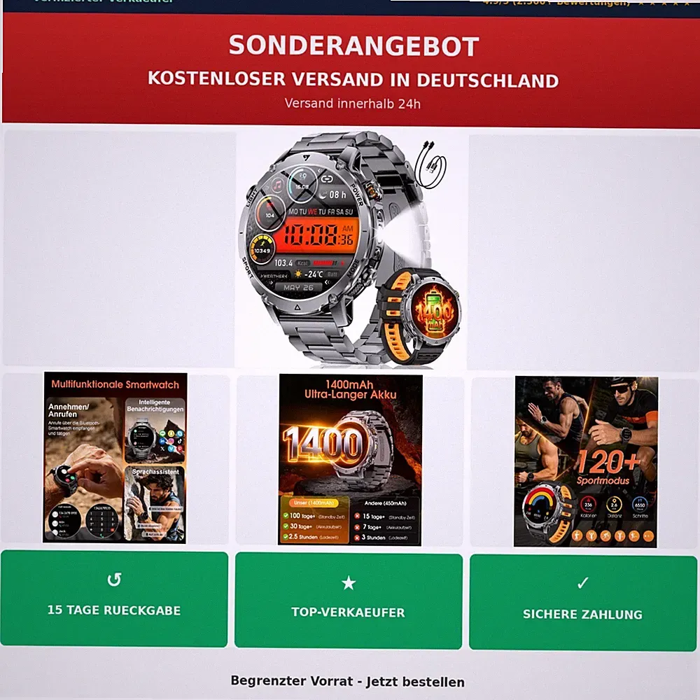 SUNKTA Smartwatch Herren 1,7" HD Bluetooth Anrufe 20 Tage Akku Edelstahl
