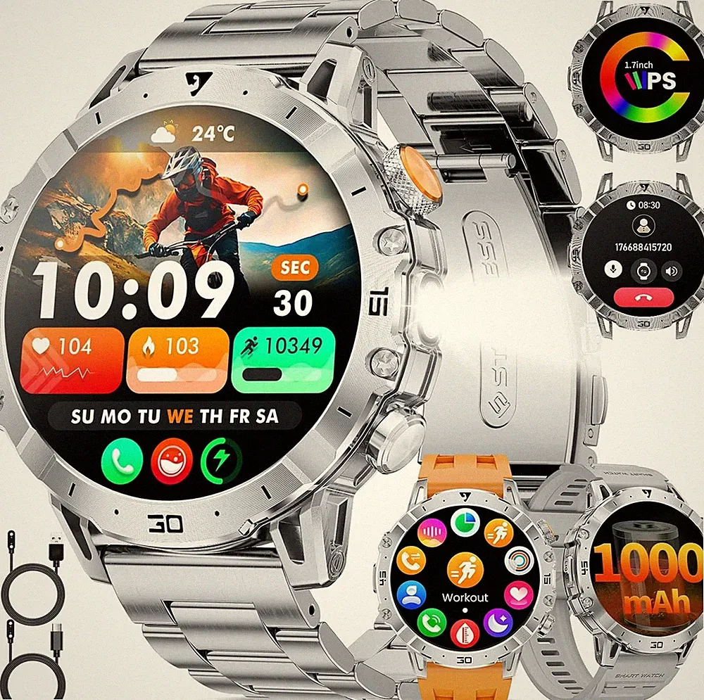 SUNKTA Smartwatch Herren 1000 mAh großer Akku 1,7? HD Bluetooth Anrufe Männer