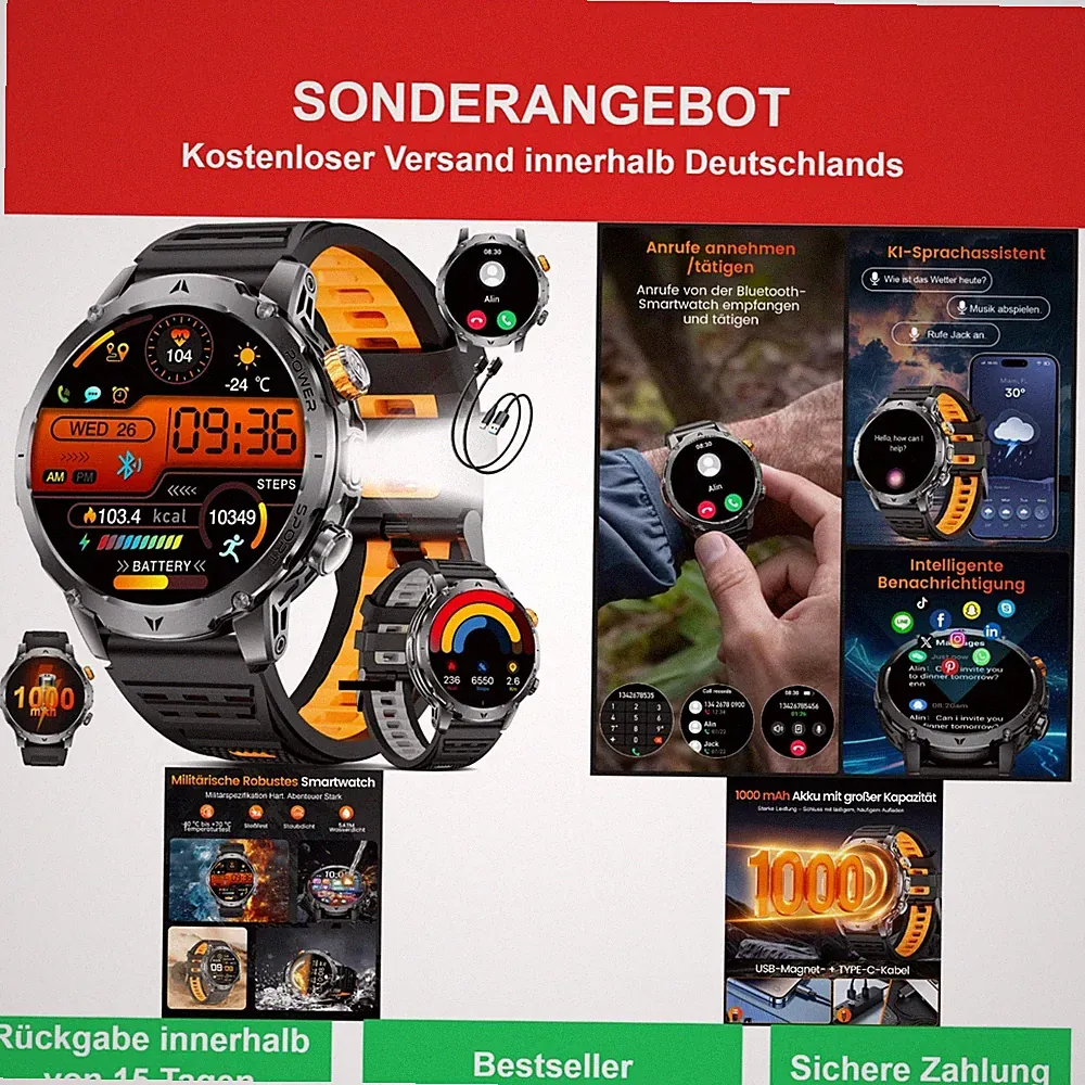SUNKTA Smartwatch Herren Bluetooth 1,7" HD Fitnessuhr Schwarz