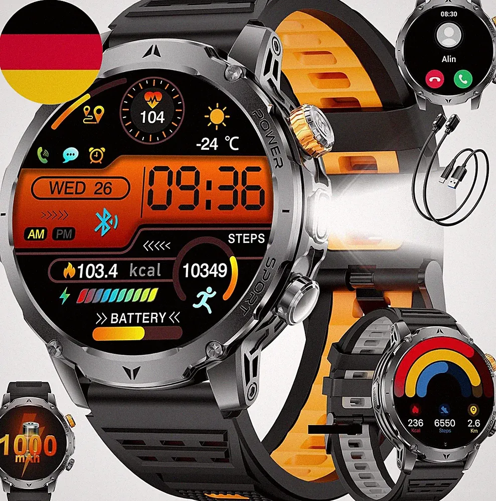 SUNKTA Smartwatch Herren Militär 1000 Mah Großer Akku 1,7″ HD Bluetooth Anrufe S