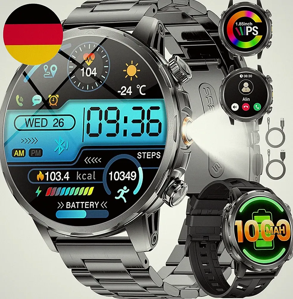 SUNKTA Smartwatch Herren Militär 1000 Mah Großer Akku 1,85″ HD Bluetooth Anrufe