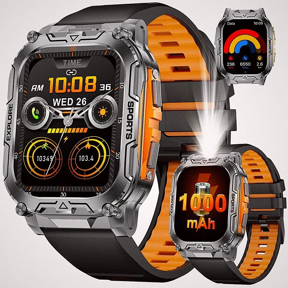 SUNKTA Smartwatch Herren Militär 2,01" HD Display IP68 Fitnessuhr mit 2