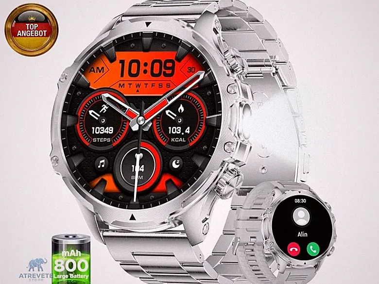 SUNKTA Smartwatch Herren Militär,800 mAh Akku/1,85'' HD-Display-Sportuhr mit