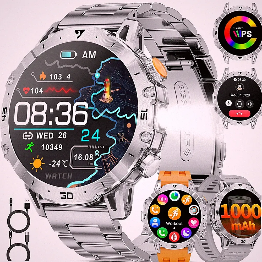SUNKTA Smartwatch Herren mit 1000mAh Großer Akku/1.7'' HD Display/Telefonfunk...