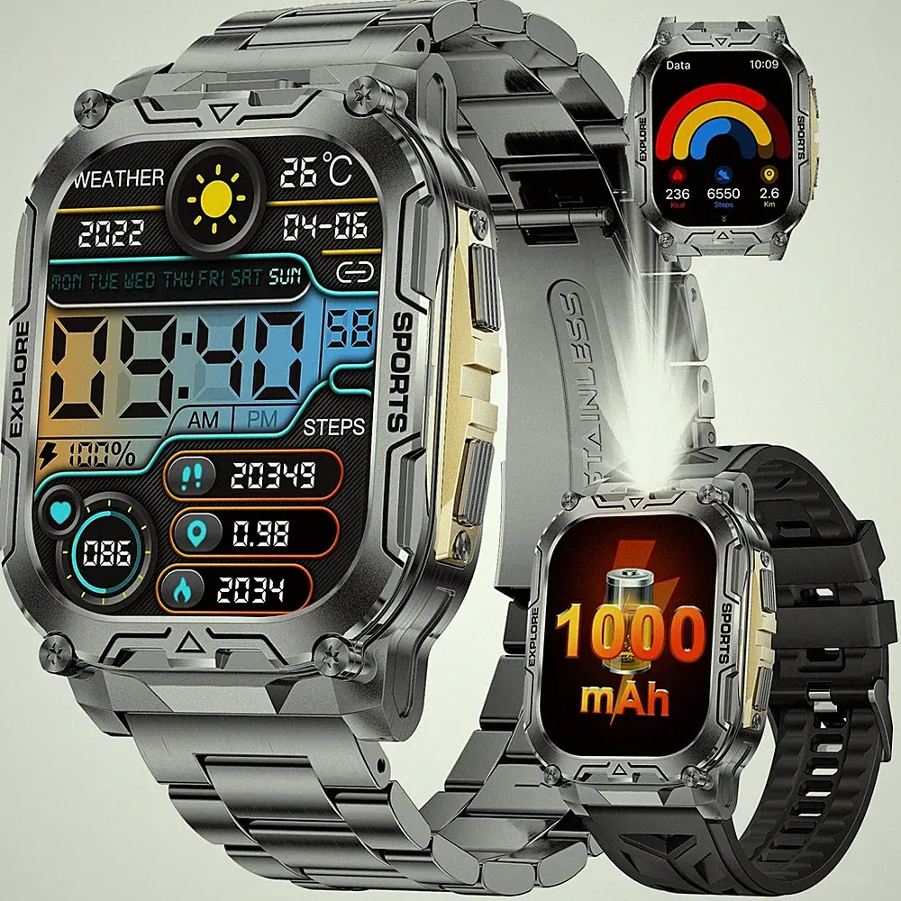 SUNKTA Smartwatch Militär 1000mAh Großer Akku/2.01'' HD-Großes Display Sportuhr
