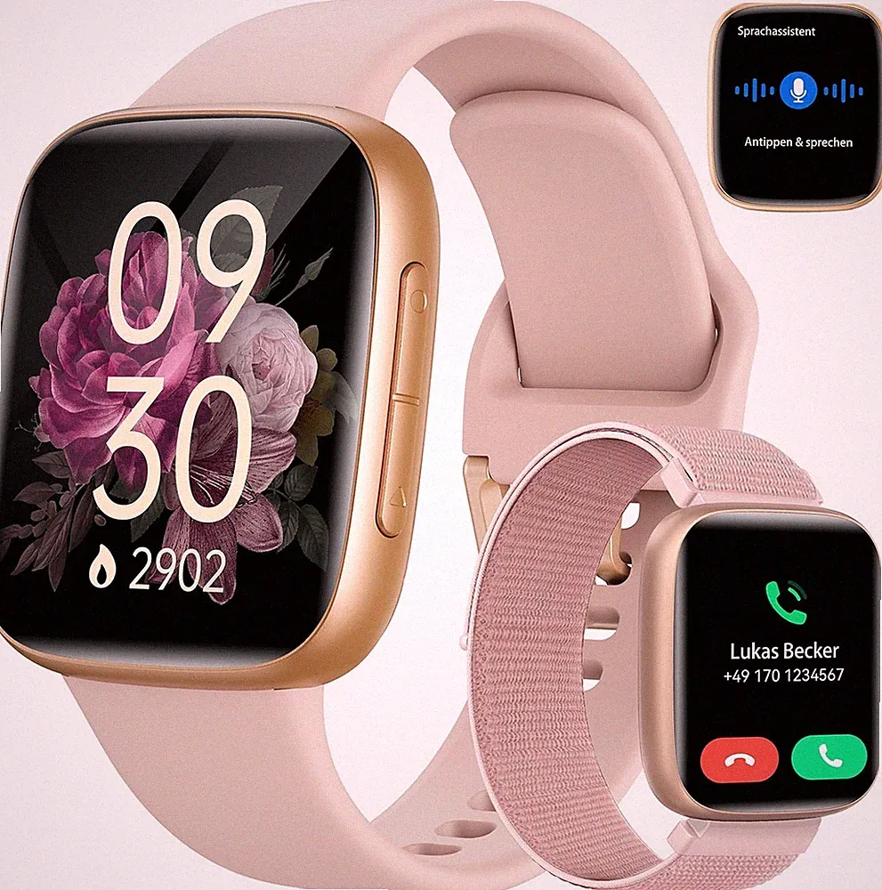 Tensky Smartwatch Damen 1,85" AMOLED Fitnessuhr 2 Armbänder 3ATM Wasserdicht Mit