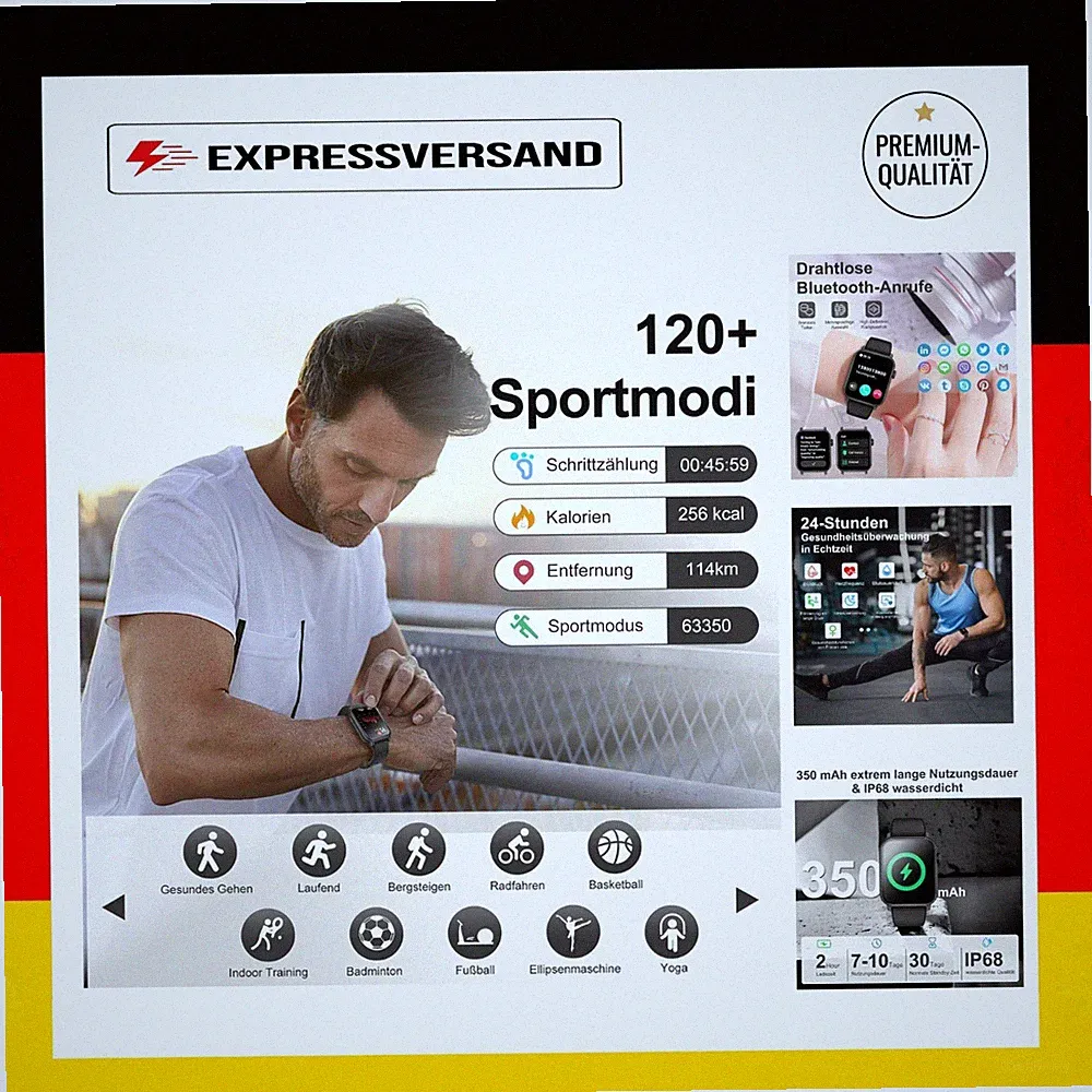 Tisoutec Smartwatch mit Telefonfunktion, 1,85" HD Fitnessuhr