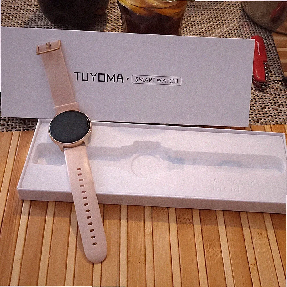 TUYOMA Smartwatch 44 mm Android Goldgehäuse rosa Silikonarmband rosa