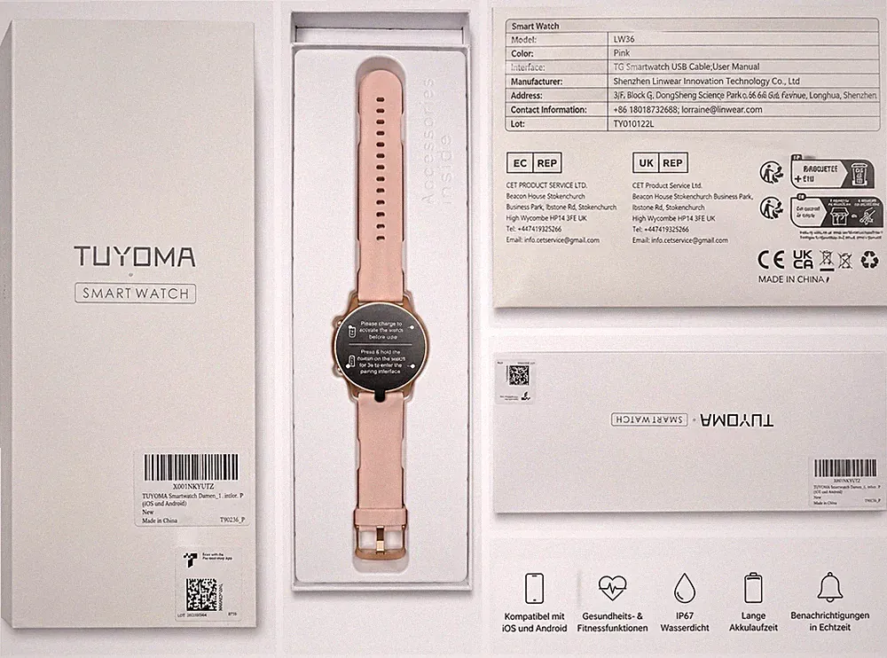 TUYOMA Smartwatch LW36 44mm Rosa Gummi Fitness Tracker Wasserdicht Android iOS