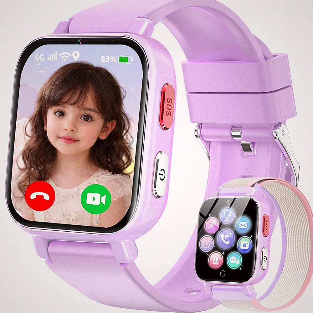 Ucani 4G GPS KinderSmartwatch mit SOS, Telefon und Schulmodus – Lila, 412J