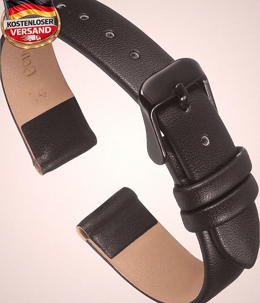 Uhrenarmband 14 mm Leder Schwarz Edelstahl Schnalle für Smartwatch Damen Herren