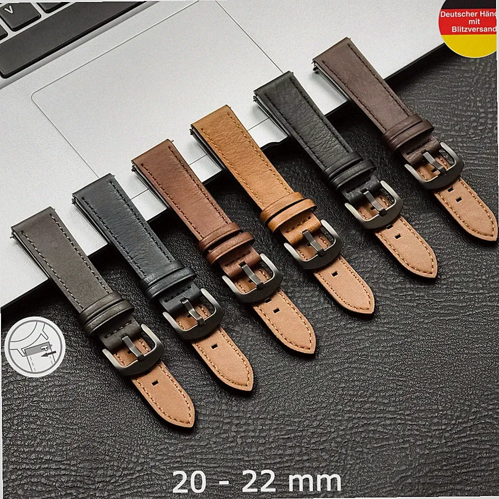 Uhrenarmband Leder Armband Universell 20 22 mm Ziernaht Silber|Schwarz Schließe