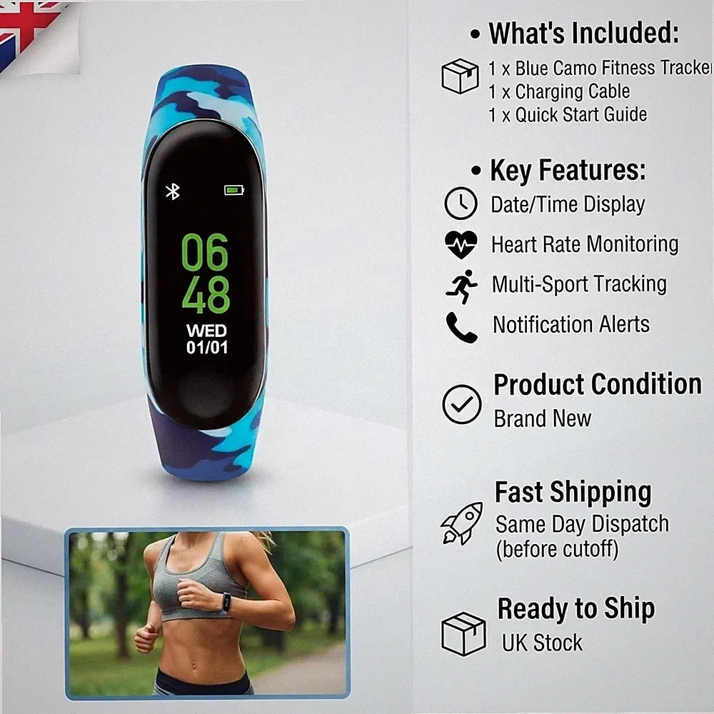 Unisex Kinder Aktivitätstracker mit blauem Camo Silikonband - Fitness macht Spaß!