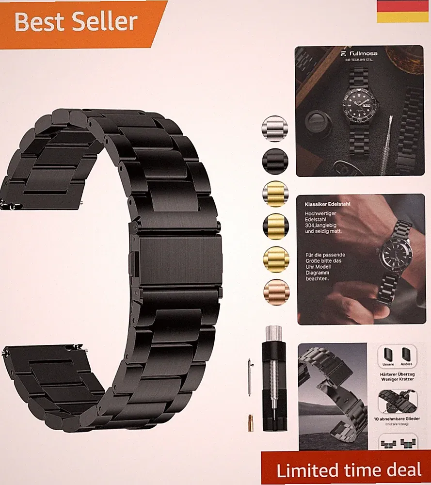 Vielseitiges 20mm Fullmosa Uhrenarmband aus Edelstahl| Ideal für Smartwatches