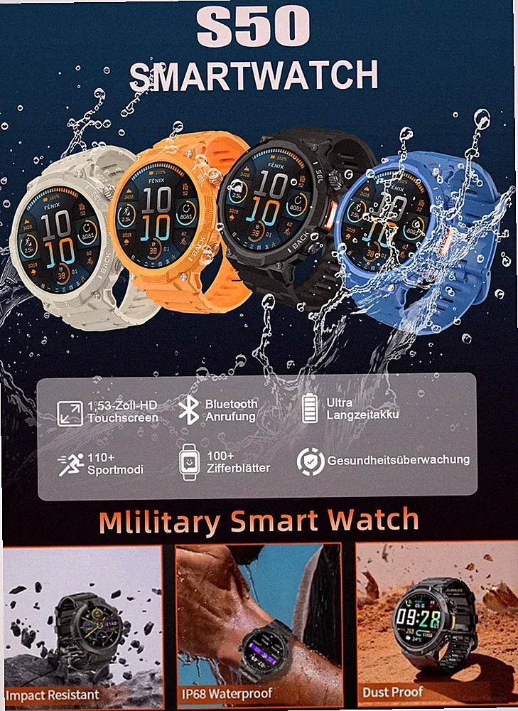 Wasserdichte Fitness-Smartwatch 2026,1,53-Zoll HD BT5.3 für iPhone Damen Herren